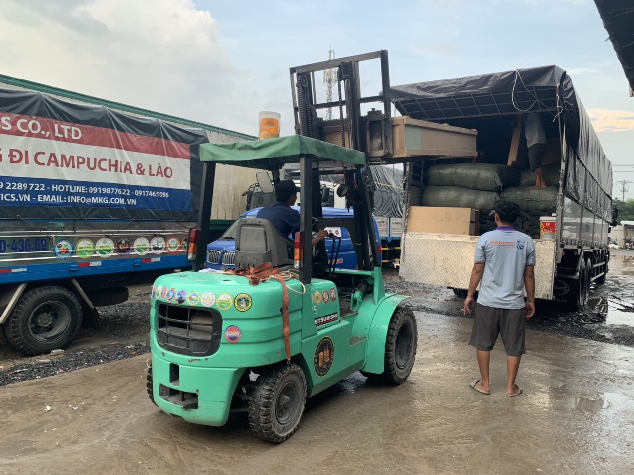 Hàng hóa nhập kho tại Mekong Logistics được sắp xếp bằng xe nâng chuyên dụng